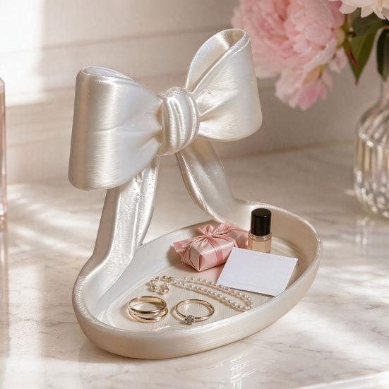 3D Printed Bow Jewelry Organizer Tray, Decorative Ribbon Bow Ring Holder for Rings Earrings Necklace, Vanity Storage Dish for Dresser, Desk, Vanity