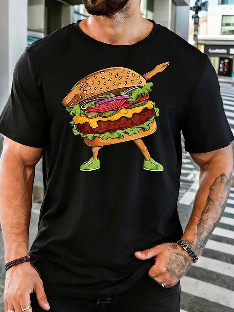 Unisexs Navy Crew Neck Tee Funny Dancing Burger With Shoes Cartoon Print Loose Summer Street Casual Daily Basic Short Sleeve Top
