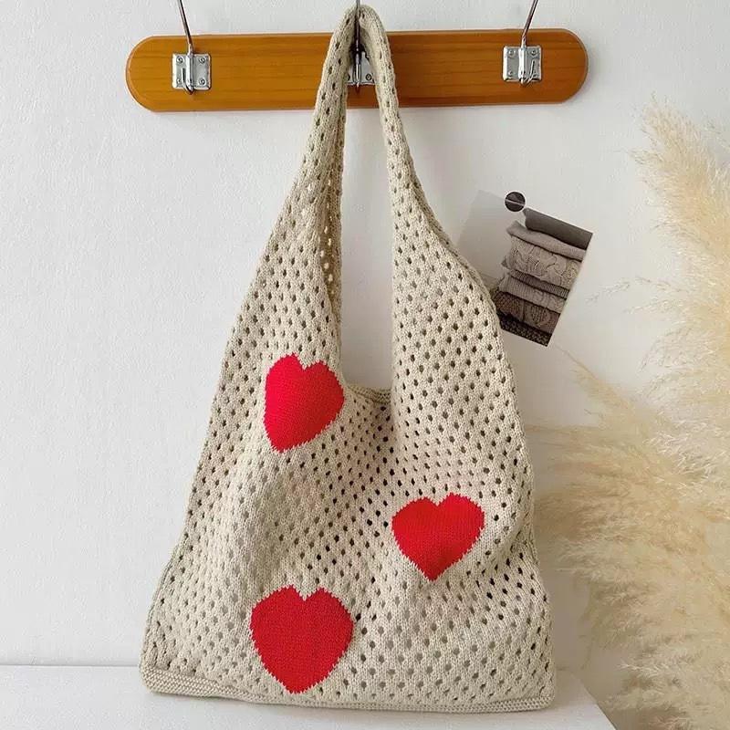 New Ebay Japanese and Korean Tote Bag Love Bag Knitted Bag Mesh Hollow Shoulder Bag Women's Tide