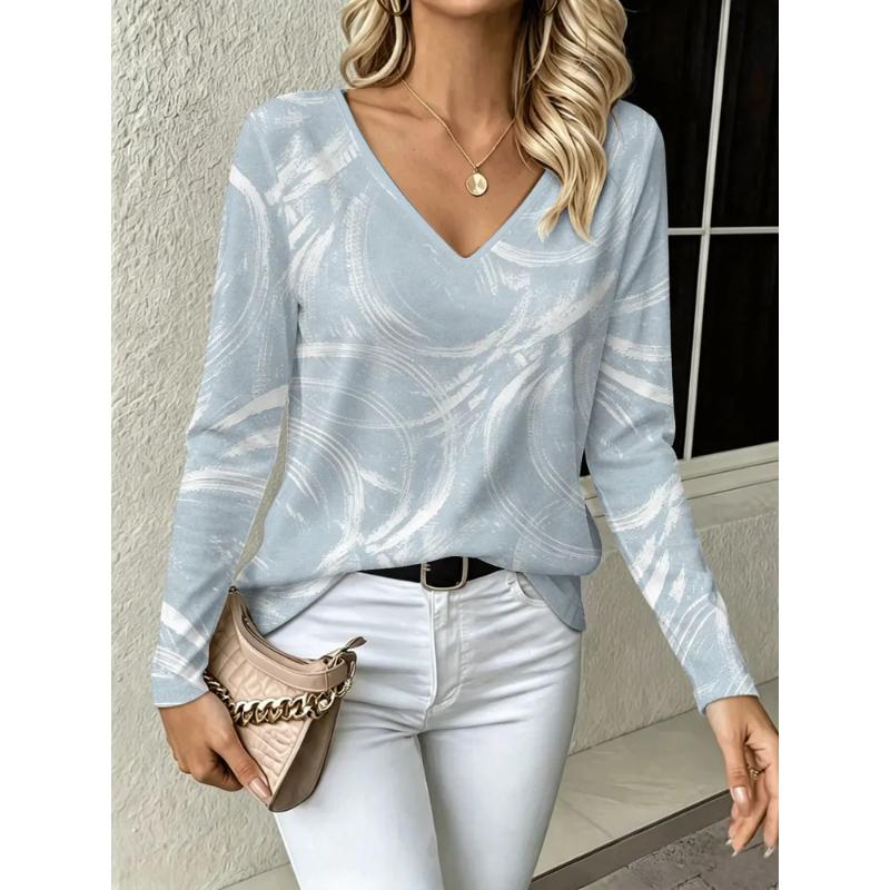 Fashion Women's V-Neck Long Sleeve 3D Casual Color Printing Casual Long Sleeve V-Neck T-Shirt