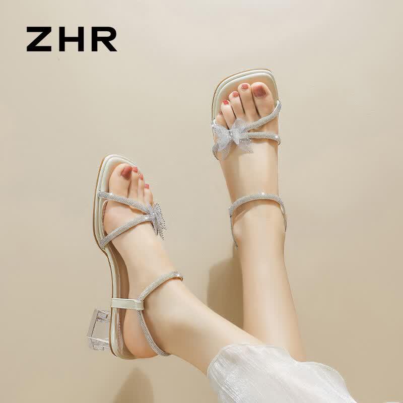 ZHR Women's Transparent Crystal Bow Chunky Heel Sandals