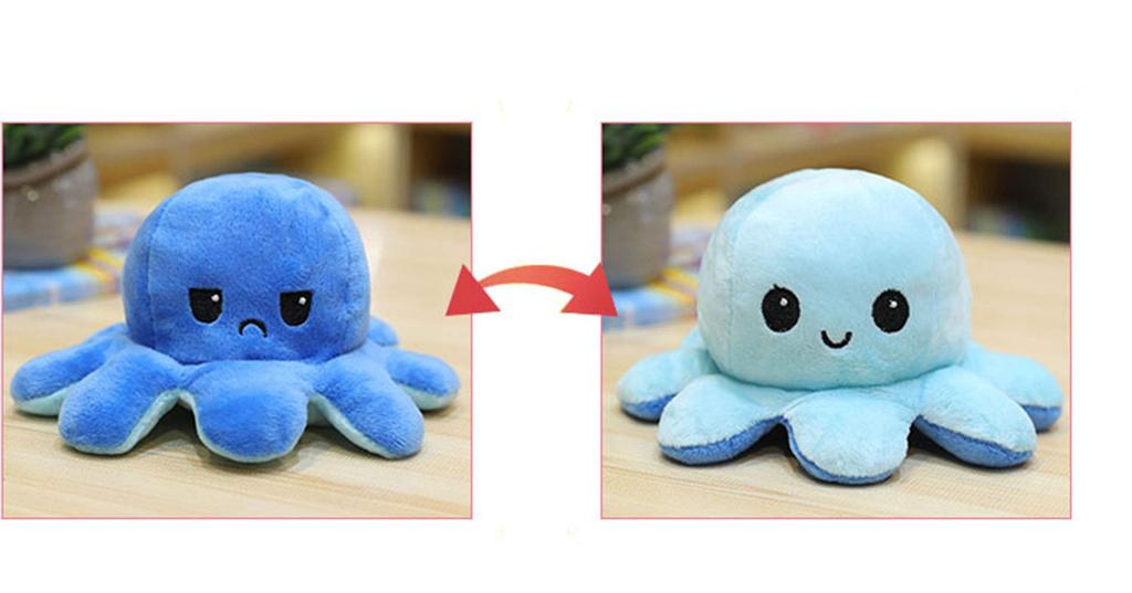 20cm Reversible Octopus Plush Toy, Perfect for Birthdays, Gifts, and More Angry and Smiling Faces (Blue x Sky Blue)