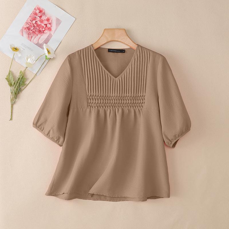 

ZANZEA Women Casual V-Neck Summer Short Sleeve Solid Blouse XL хакі