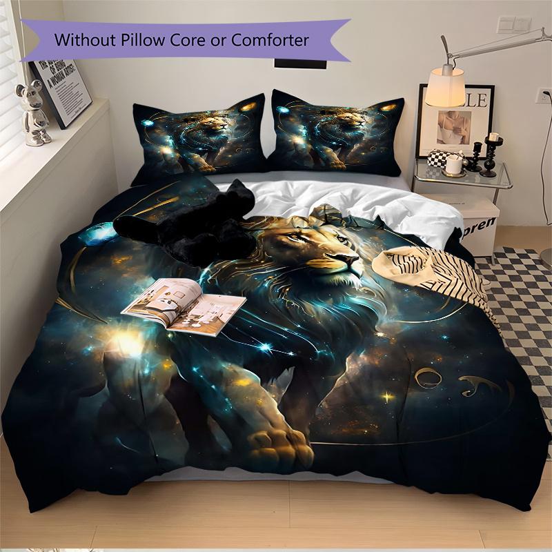 3pcs Lion's Cosmic Journey Print Bedding Set (1 Cover + 2 Pillowcases, Without Inserts), This Printed Bedding Set is Soft and