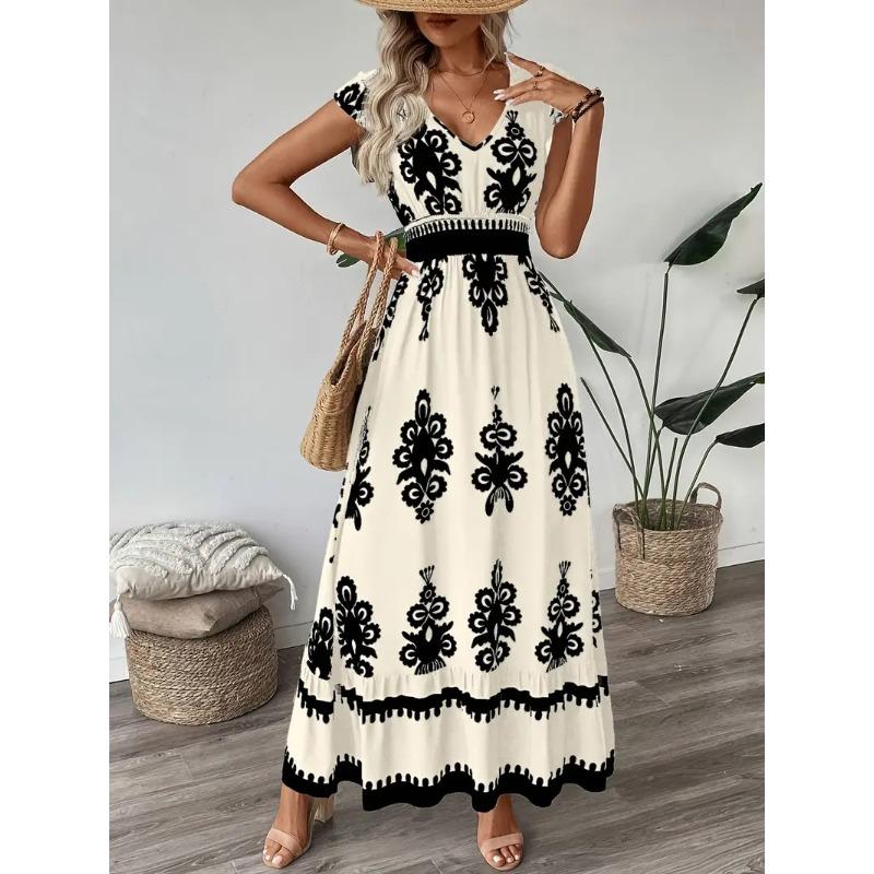 

New, summer fashion printed collar waist long dress women s clothing XXL абрикосовий