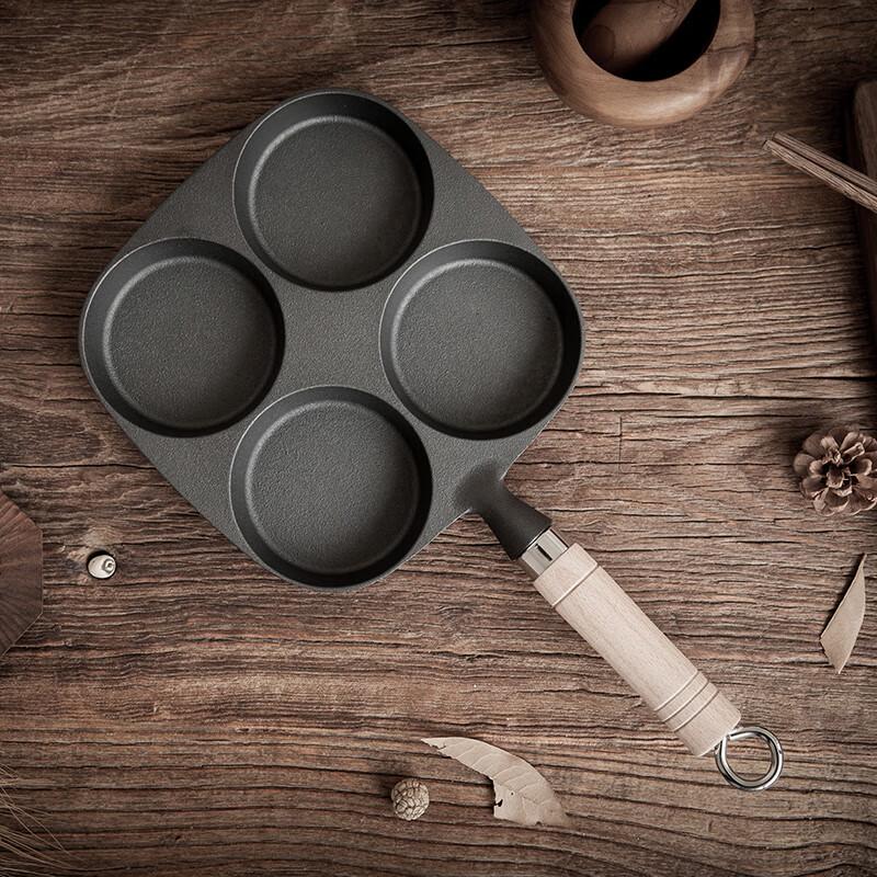 EDGING Four-Hole Cast Iron Frying Pan, Non-Coated and Non-Stick Multi-Functional Breakfast Pan, Flat-Bottom Frying Pan