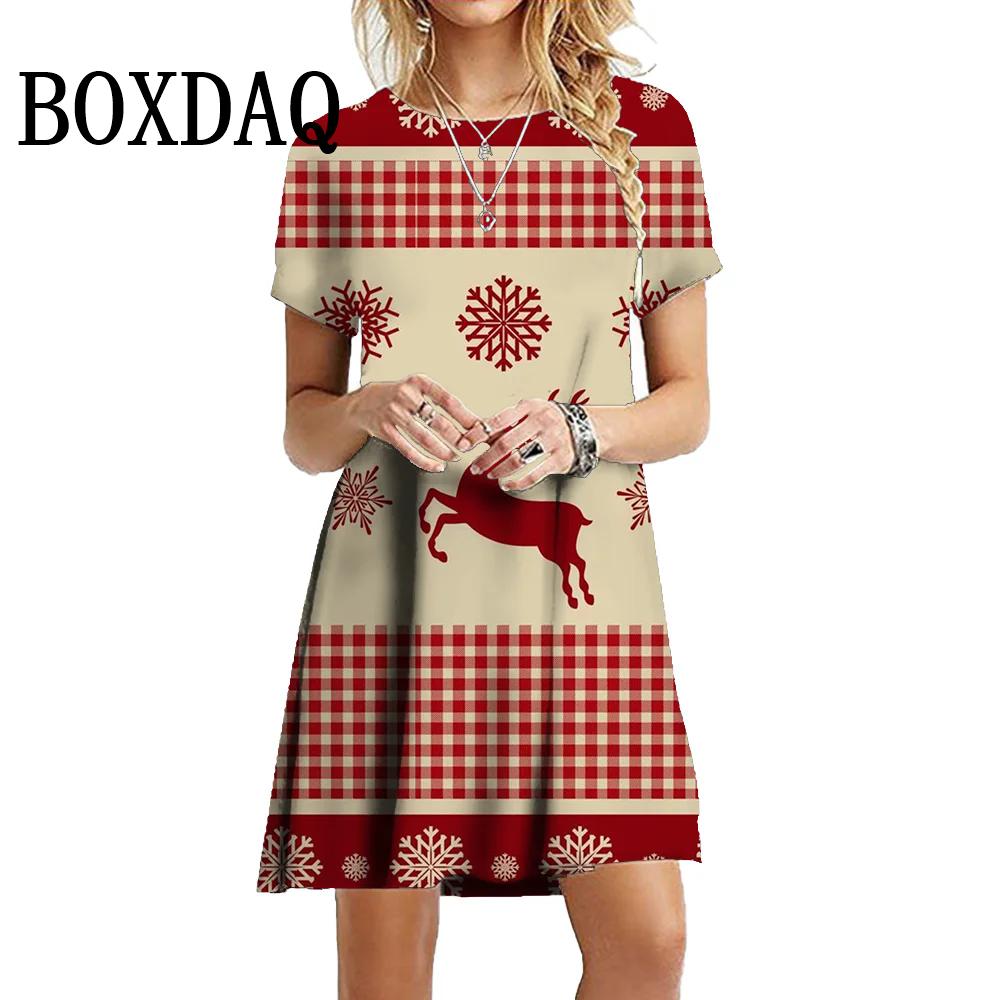 New Year Winter Christmas Deer Snowflake Dresses Women Short Sleeve Loose Tree Fashion Sweet O-Neck Party Dress