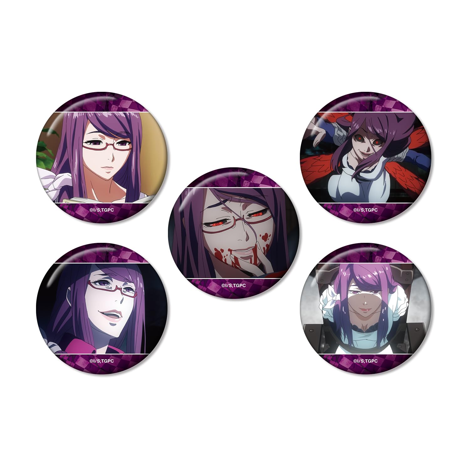 

Set of 5 Rize Kamishiro still badges from the TV anime Tokyo Ghoul