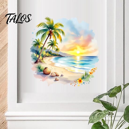 Adesivo Murale Facile da Applicare e Rimuovere Tramonto Palma Costa Marina, Adesivo Paesaggio Spiaggia Estiva Acquerello, Adesivo Stile Boho Arte Cocco Tropicale