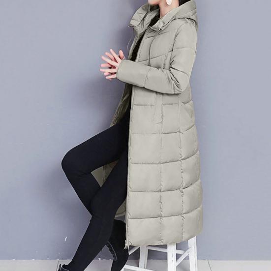 Winter Down Coat Hooded Solid Color Thicken Long Sleeves Pockets Keep Warm