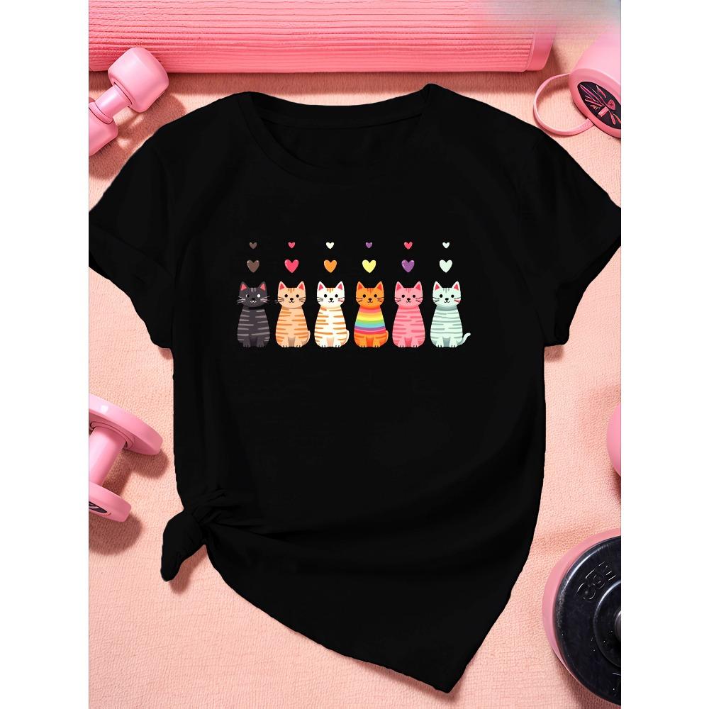 

Cartoon Style Cat Figures Printed Women s Cute Round Neck Short Sleeve T-Shirt Casual Soft Summer Women Tshirt Clothing M