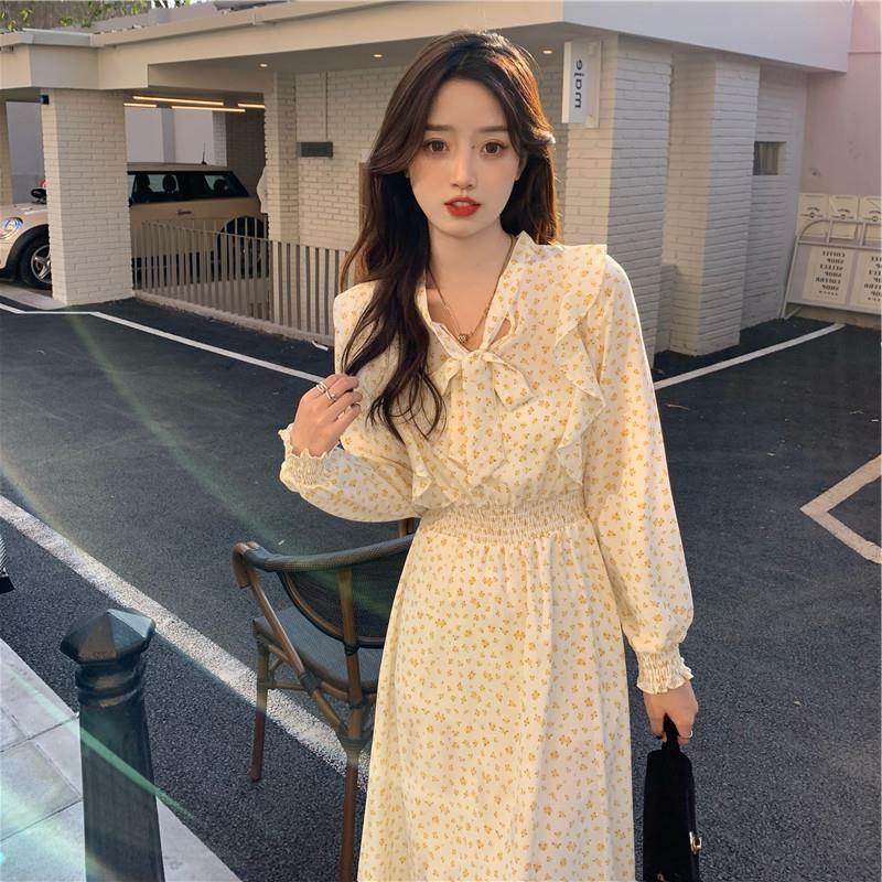 Light-colored Floral Korean Silk Long Dress Women's Spring Autumn French Style Long Skirt