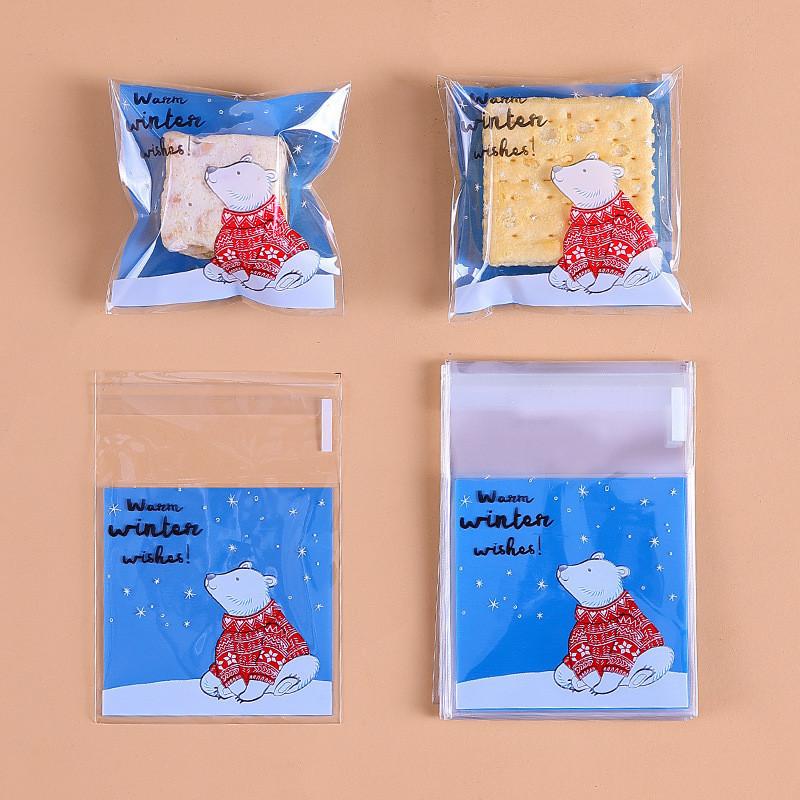 100Pcs 7x7+3cm Small Plastic Cartoon Self-Adhesive Bakery Packaging Cookie Snack Candy Bags Xmas Party Gift