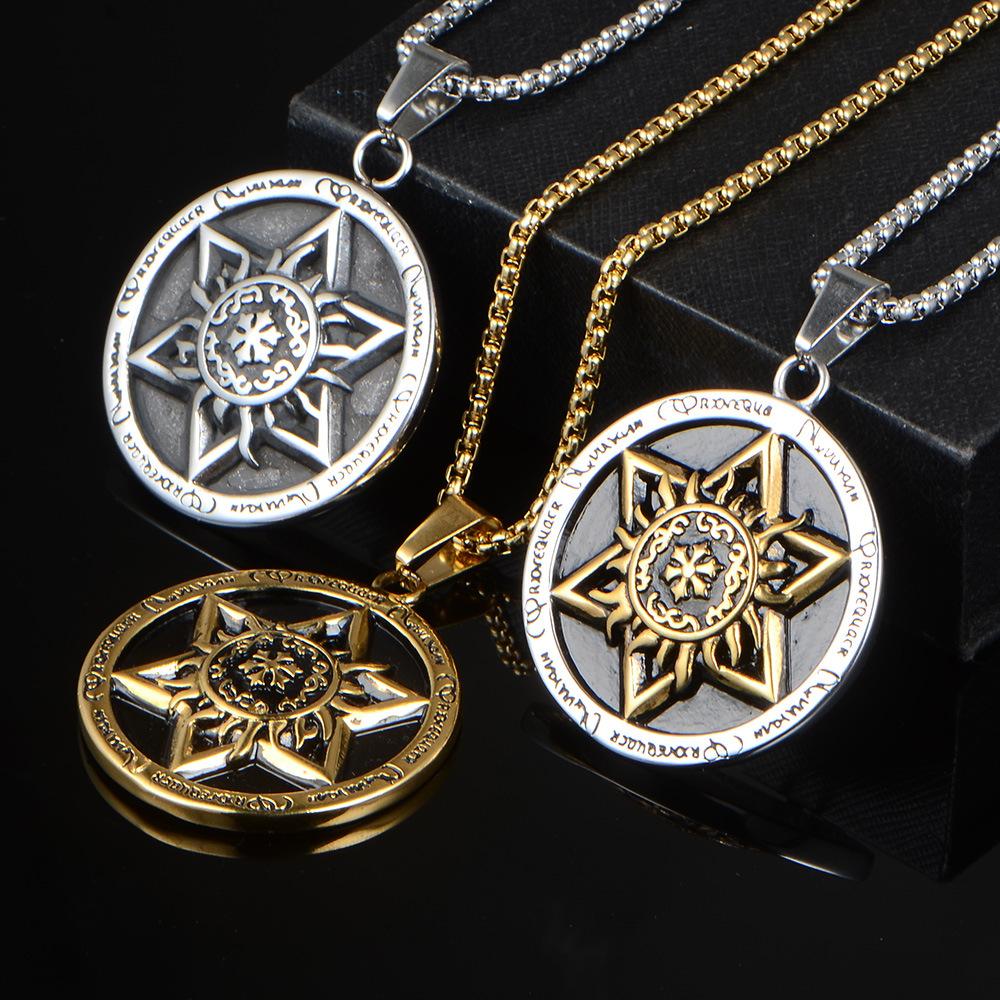 Vintage Relief Hexagonal Star Flame Pattern Necklace Pendant, Men's Cool Personalized Versatile Jewelry