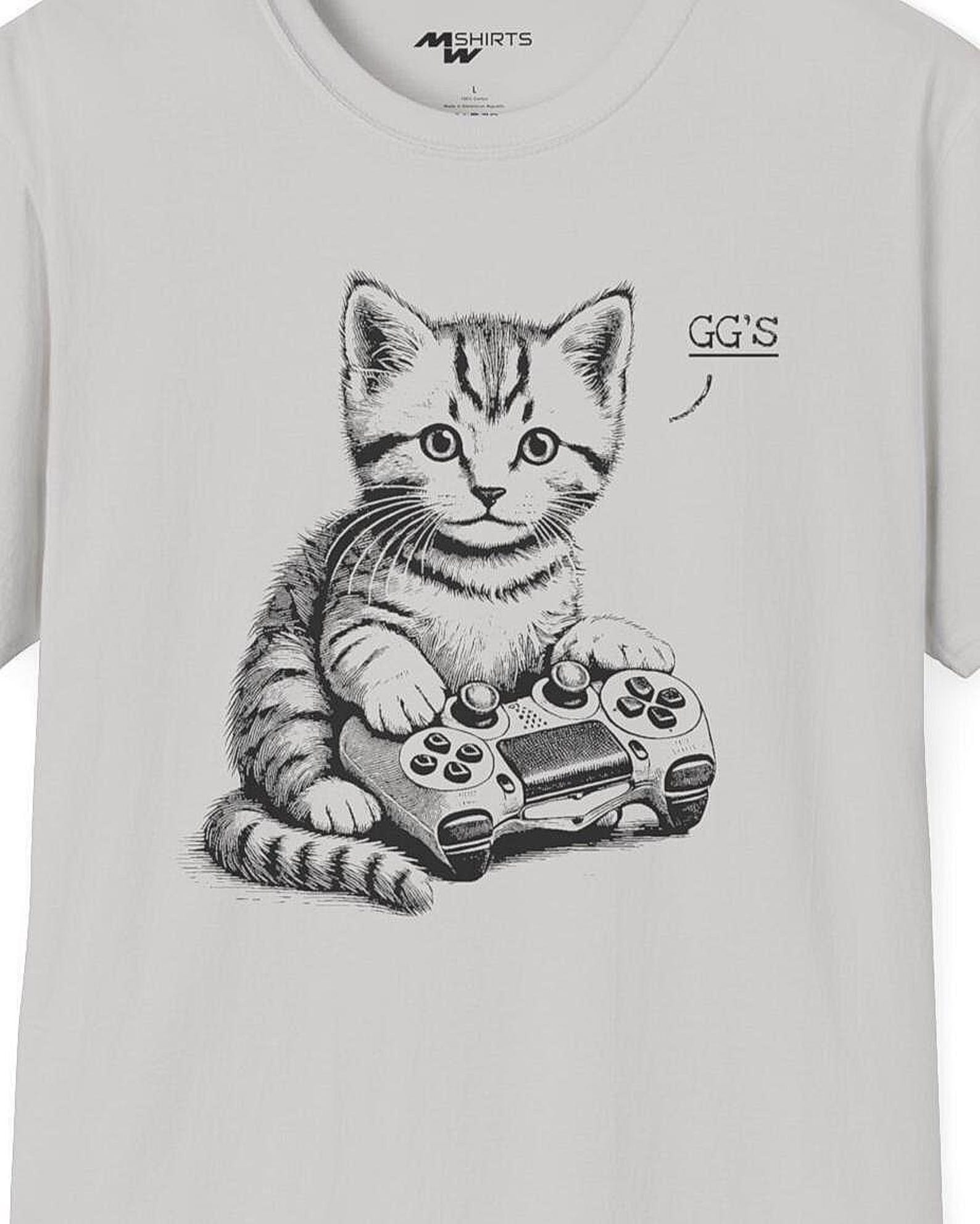 Gamer Kitten T-Shirt: Copper Engraving Style, Video Game Gift 4XL