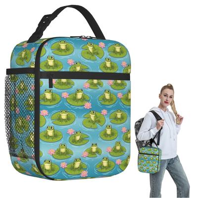 Cartoon Cute Frog Pattern On Lotus Leaves Insulated Lunch Bag for Women Kids Portable Food Boxes Thermal Lunch Box Tote