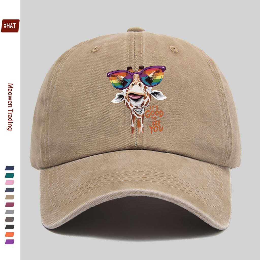 Pc Giraffe Print Baseball Cap with Glasses Home Leisure Heart Decor Papa Hat Truck Driver Sun Hat Washable Adjustable Headwe
