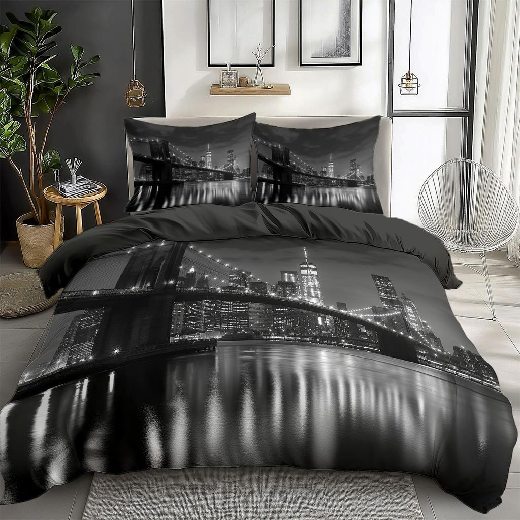 Skyline Duvet Cover Set for Adults Queen King Lightweight Quilt Cover with 2 Pillowcases City Buildings Bedding Set No Comforter