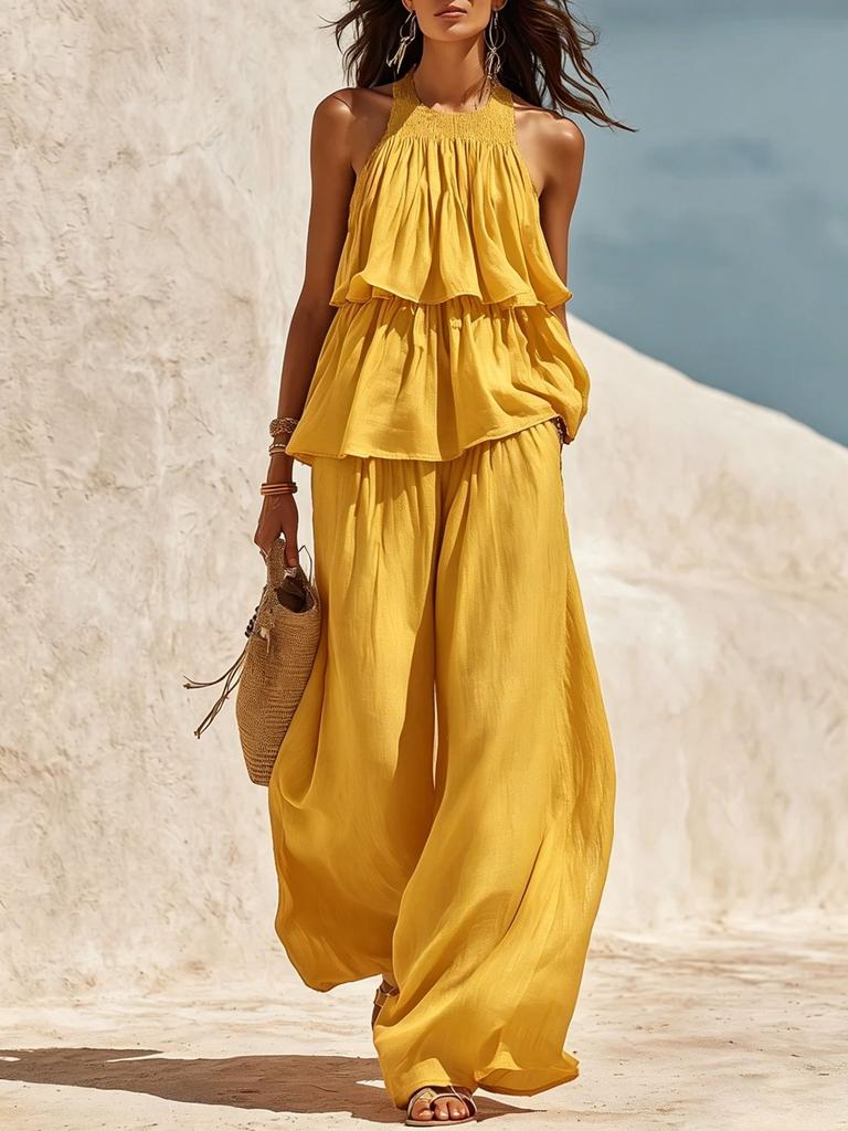 2026 Amazon Independent Station Popular Women's Clothing Casual European and American Style Elastic Neck Breathable Wide Leg Pants Two-piece Set