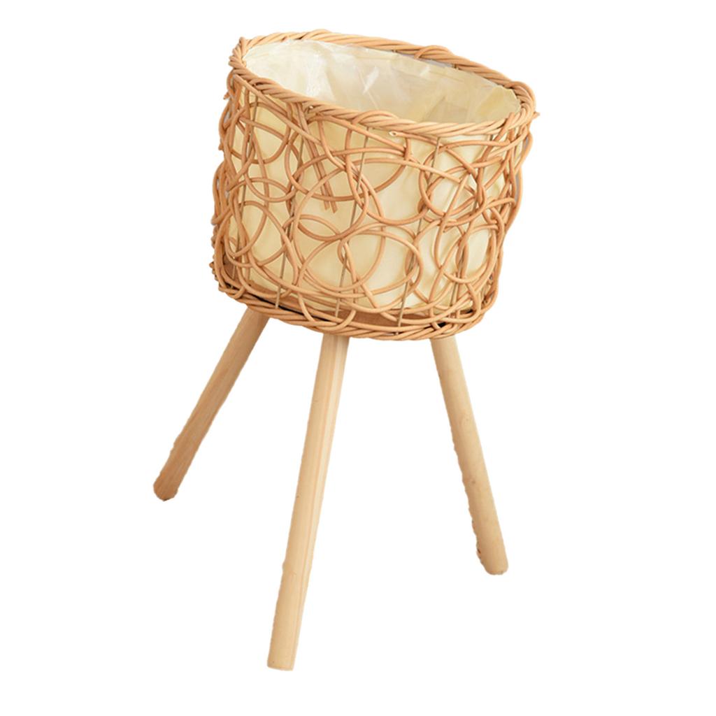 Woven Rattan Plant Stand Flower Pots Holder Stool with 3 Wood Legs Floor Planter Basket Rack for Home or Office Use