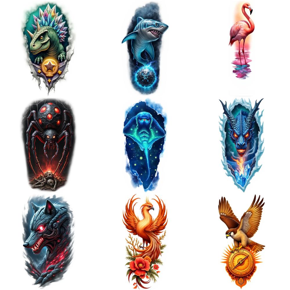 9pcs Temporary Tattoo Colorful Realism Crow Chameleon Fox For Women Adults Shoulders