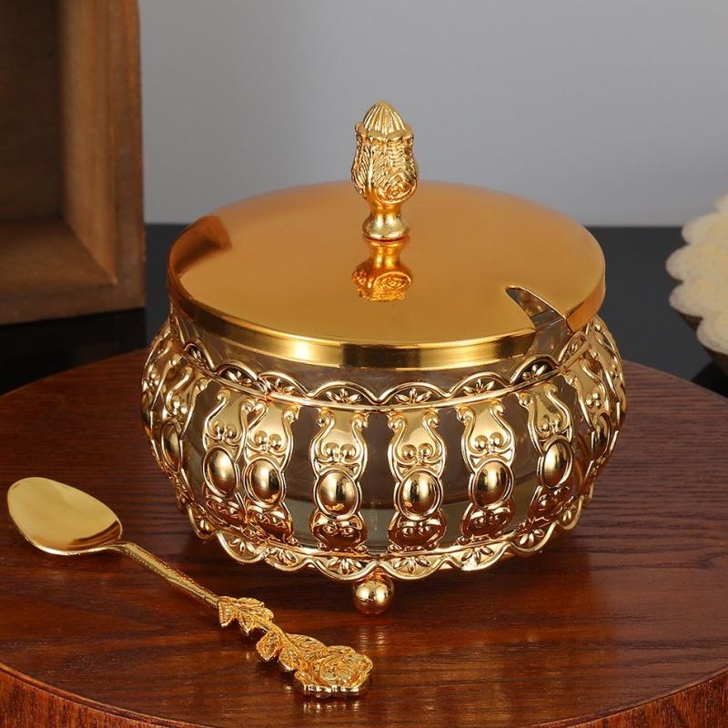 European Style Sugar Bowl Seasoning Jar,Hollowed-Out Alloy With lid,Coffee Beans Container,Cream Storage Pots,Kitchen Tools