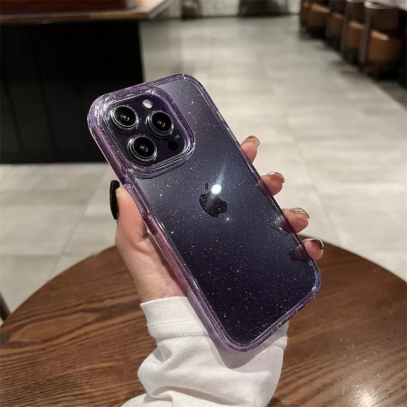 Luxury Bling Glitter Purple Clear Case For iPhone 16 Pro Max 15 14 Plus 13 12 11 X XR XS Transprent Acrylic Shockproof Cover