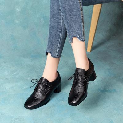 Damen Einzelschuhe High Heels Frühling neu erste Schicht Karoprint Rindsleder dicker Absatz mittlerer Absatz Schnürschuhe Damenschuhe tiefe Schuhe