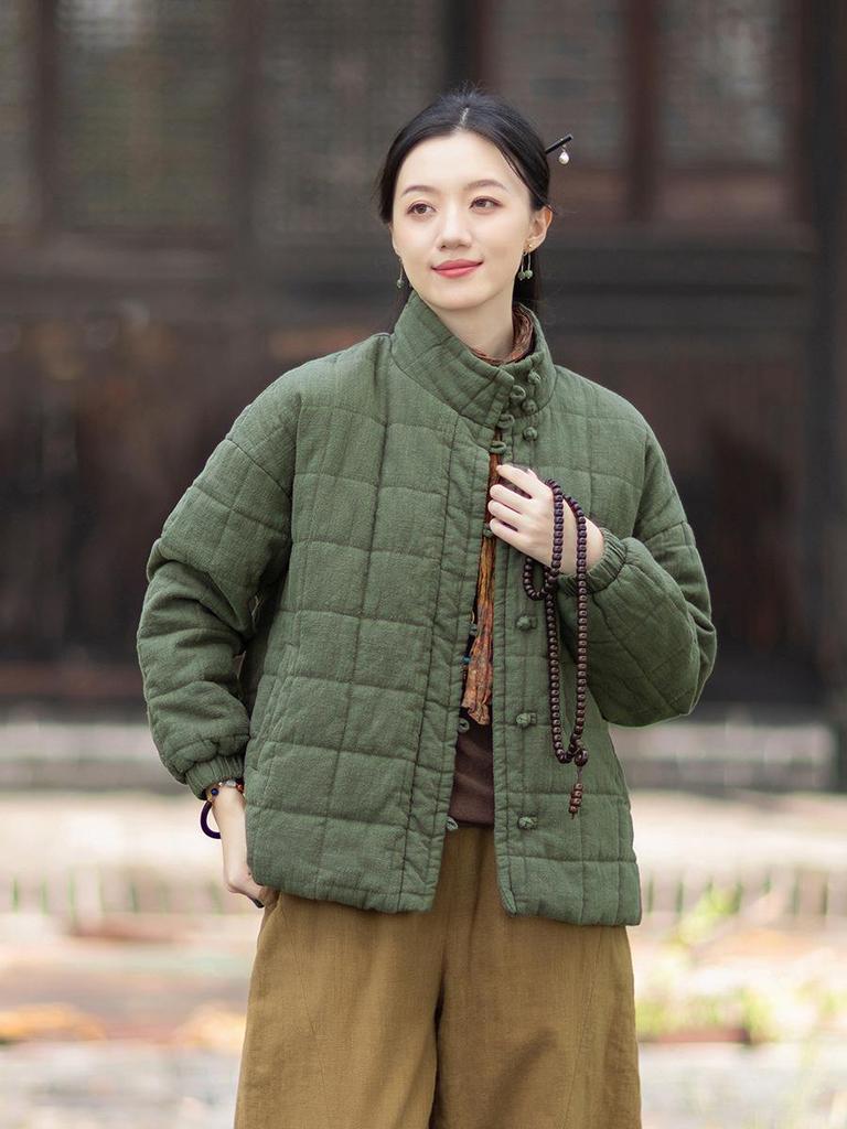 Women's Winter Quilted Plaid Stand Collar Coat - Chinese Retro Style