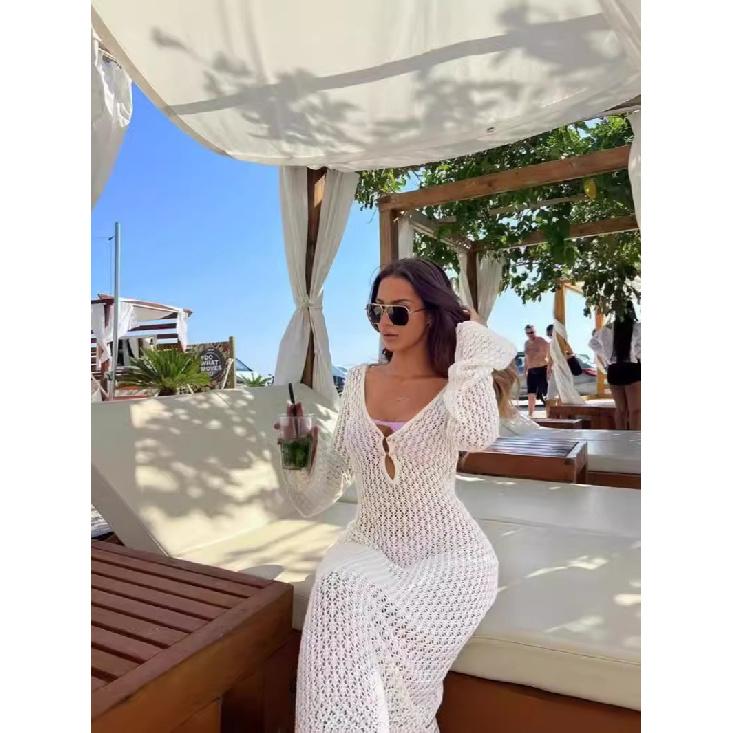 New European And American Beach Vacation Bikini Top With Hollowed Out Crochet Knitted Long Dress