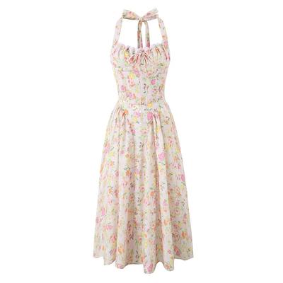 Sommer Neues Französisches Kragen-Sexy Rückenfreies Mittellanges Und Langes Kleid Süßer Print Trägerrock
