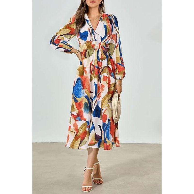 

Spring New Arrival Bohemia Long Dress Casual Long Sleeves V-neck Print Beach Long Flowy Dress Color 1 M