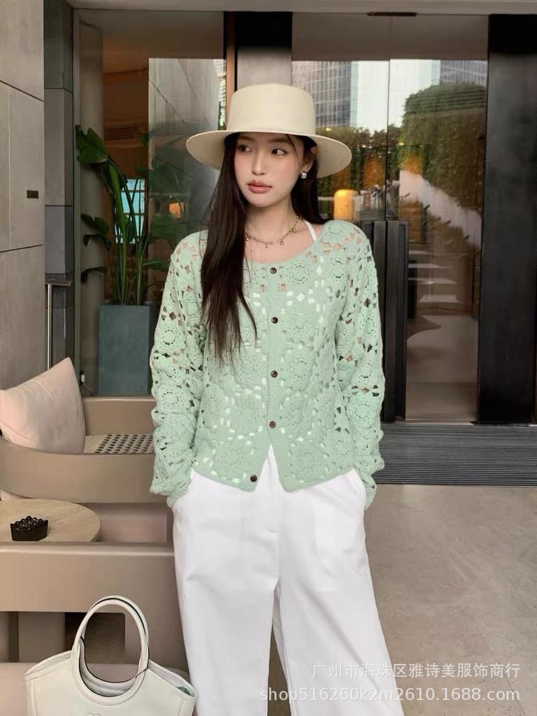 Fashion loose and thin hollow crochet knitted sweater women's new foreign style unique chic cardigan long-sleeved top