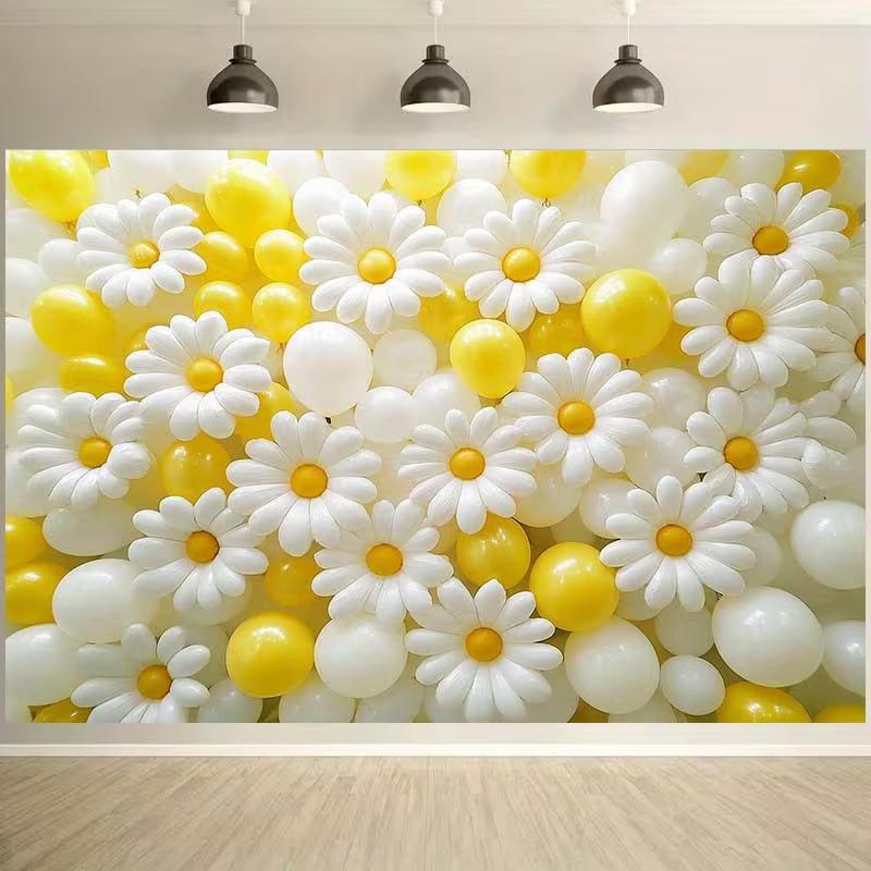 Lebendiger Gänseblümchen- und Ballon-Hintergrund, Florale Szene, Fotografie-Hintergrundtuch