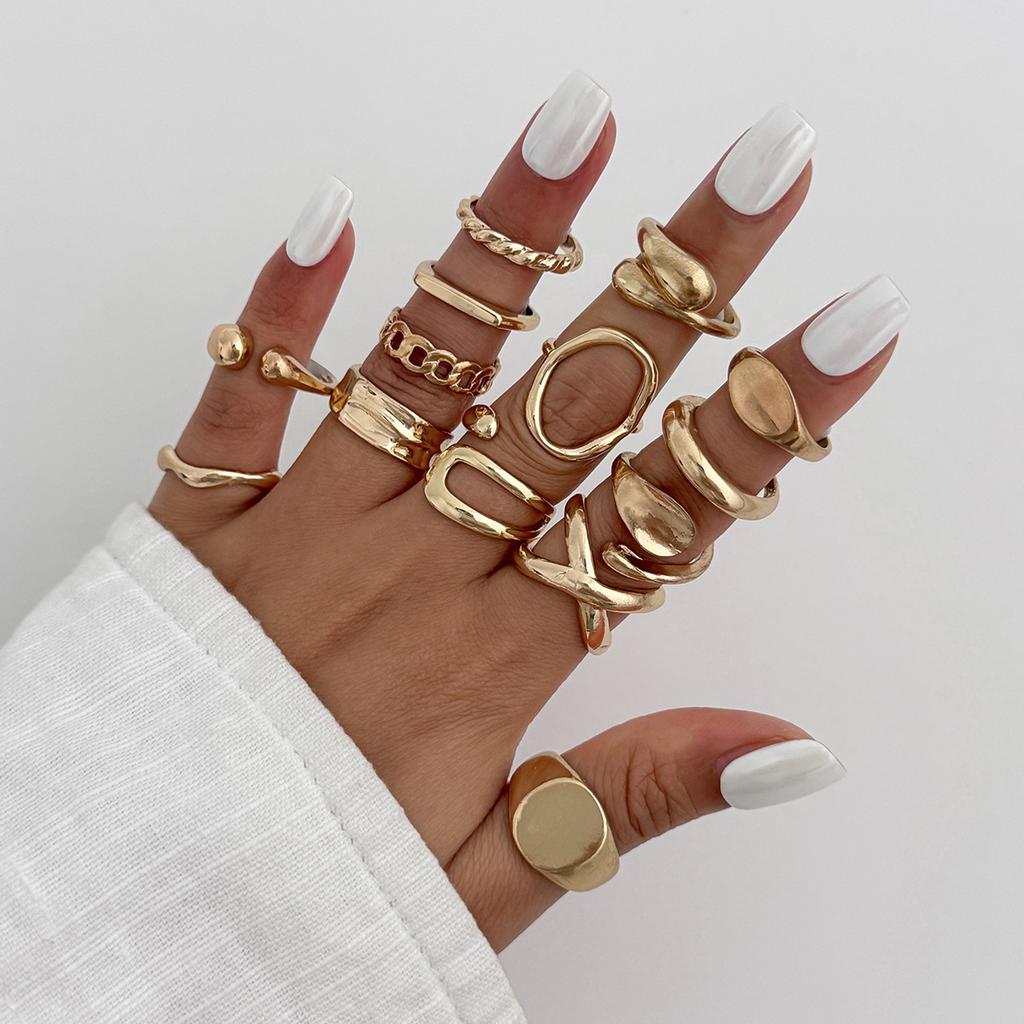 Vintage Gold Color Geometric Rings Trendy Finger Jewelry Hollow Out Adjustable Ring Set for Women Men Retro Boho Fashion Party Gift
