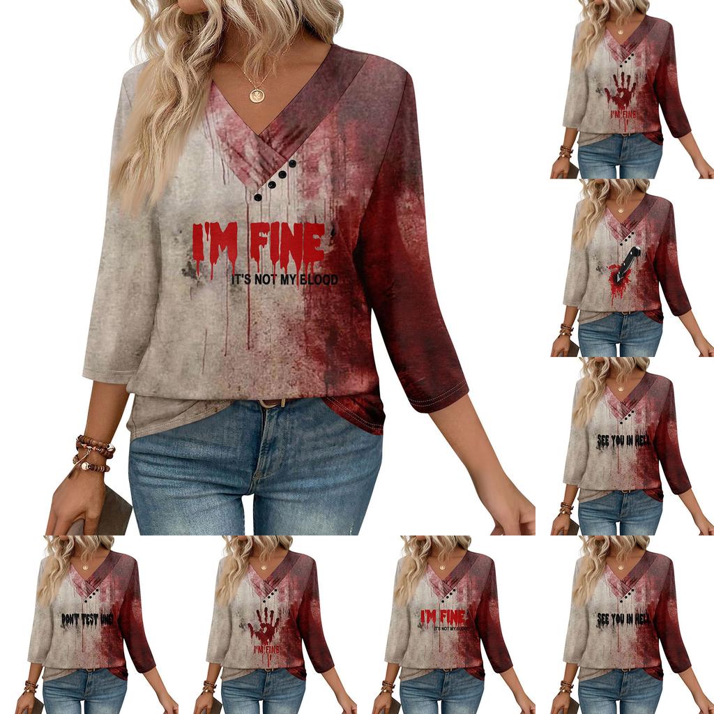 Womens 3/4 Sleeve Daily Weekend V Neck Casual Printed Tshirts Loose Fit Pleated Tees Button Down Shirts
