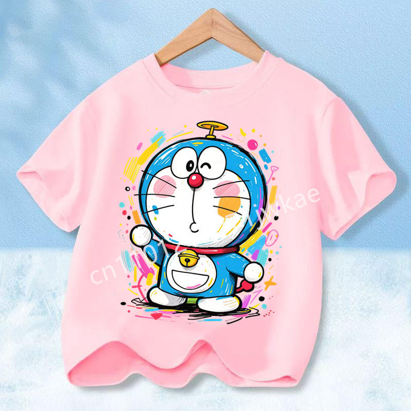 Doraemon Colorful T-shirt Printed Short-sleeved Outdoor Simple Comfortable Pullover Tops Summer Clothes Casuals Round Neck Shirt