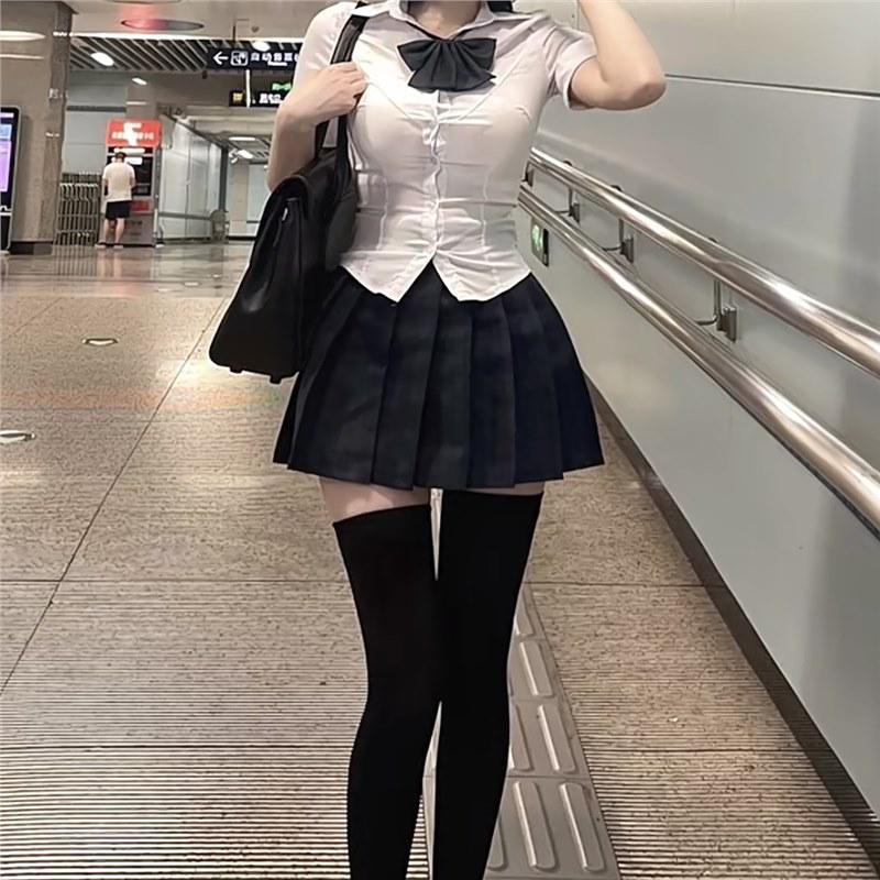 Stylish JK Uniform: Women's Slim Fit Short Sleeve Top & Black Pleated Skirt Set