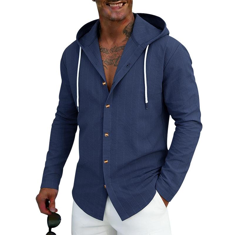 Men’s Linen Hooded T-Shirt, Casual Breathable Striped Shirt, Cardigan, Trendy Loose-Fit Top