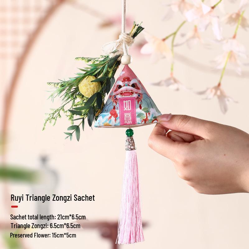 Dragon Boat Festival Sachet: Triangle Zongzi Mugwort Hanfu Pendant with Dried Flowers Portable Lucky Bag Gift.