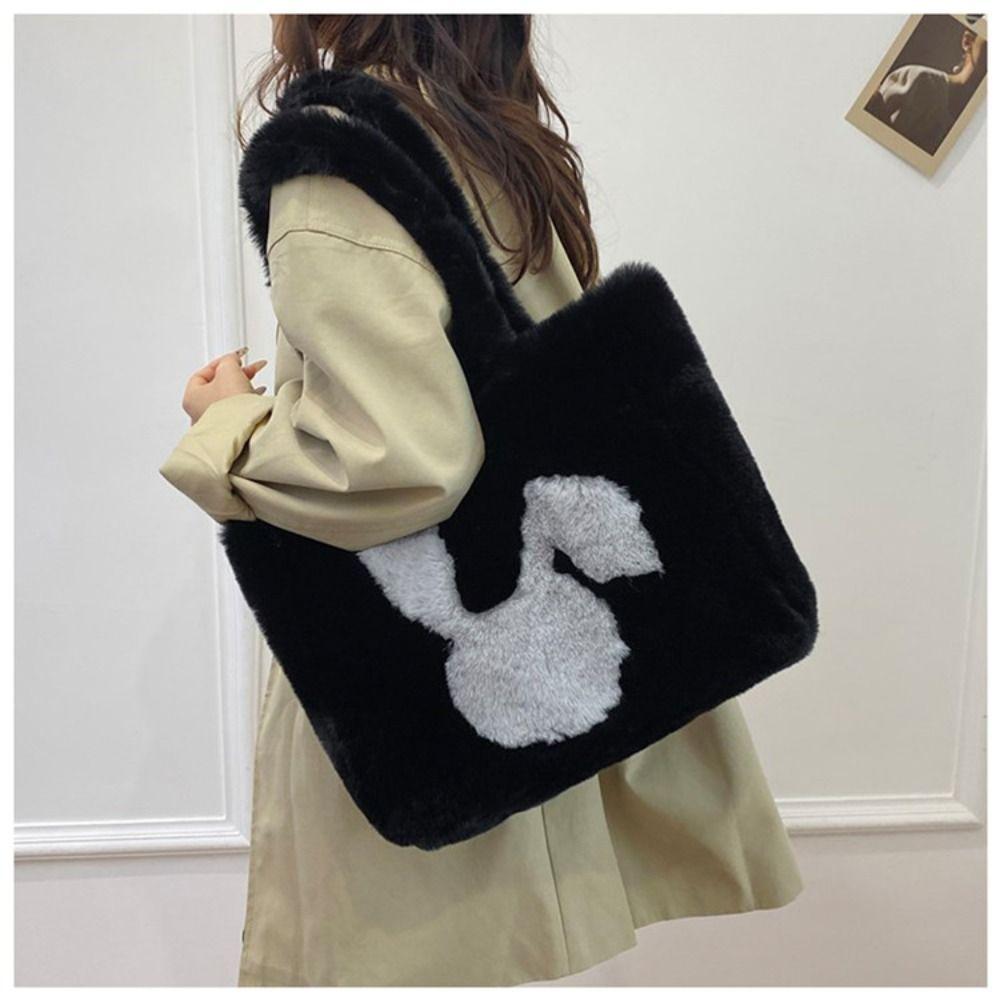 INS Style Faux Fur Shoulder Bag Rabbit Print Soft Shopper Handbag Large Capacity Furry Fluffy Fuzzy Tote Bag Daily Use