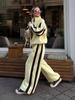 Casual European and American Women's Color Matching Suit Zipper Stand-up Neck Cardigan Jacket Elastic Sweatpants Striped Two-piece Set