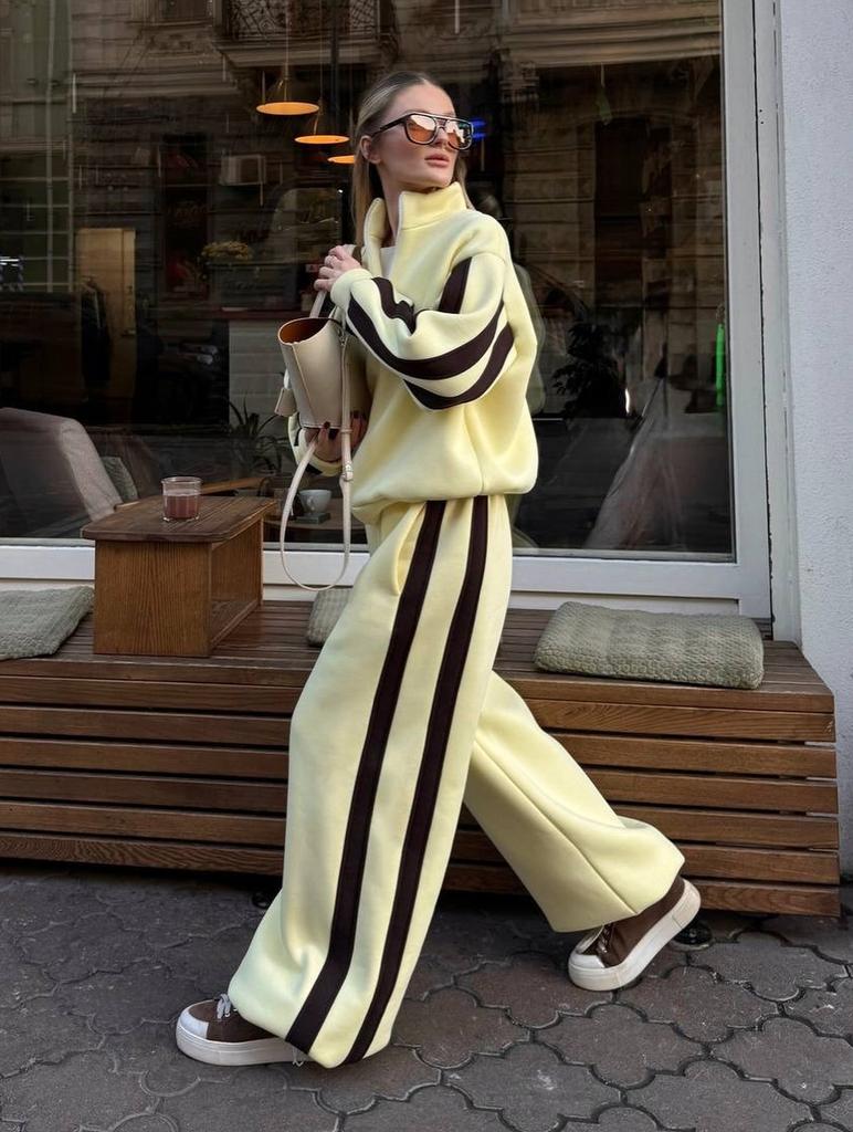 Casual European and American Women's Color Matching Suit Zipper Stand-up Neck Cardigan Jacket Elastic Sweatpants Striped Two-piece Set