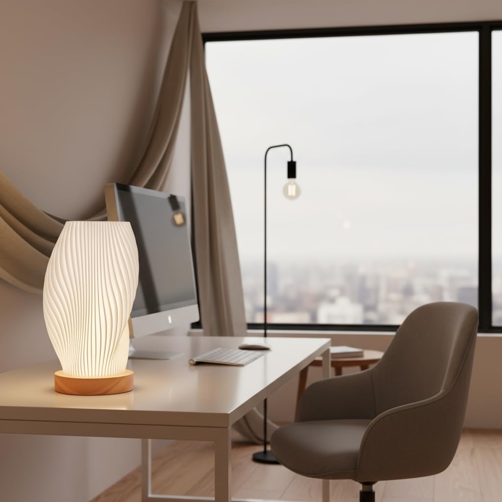 Tafunker Modern Table Lamp with Wooden Base, Decorative Mesh Pattern, Warm White Light for Bedside (Wave Pattern, Large)