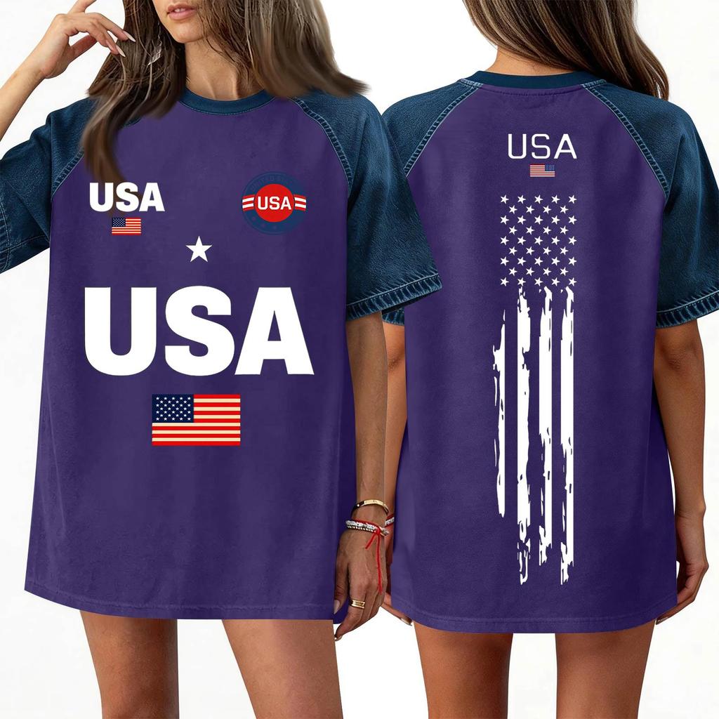Women's Denim Patchwork Top, Casual Short-sleeved Comfortable T-shirt, Fashionable For Spring And Summer.