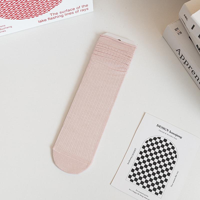 Boneless Pile Socks for Women, Summer Thin Mid-calf Socks, White Long Socks with Small Leather Shoes, Postpartum Socks, Summer Long Calf Socks