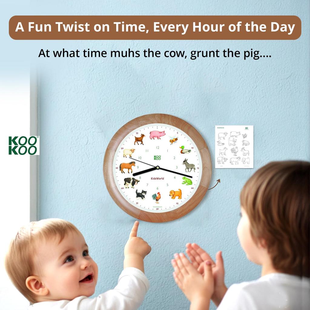 KOOKOO Kids World Wood Grain Wall Clock with Animal Sounds 12 Different Farm Animals Tell the Time Cute Wall Perfect for a Soothing Sounds - - Clock,