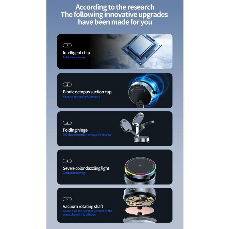 15 W Bezprzewodowa ładowarka samochodowa, chłodząca, magnetyczny uchwyt samochodowy na telefon, szybkie ładowanie, obrotowy 360 stopni, do iPhone'a 17 Pro, przyssawka próżniowa, składany