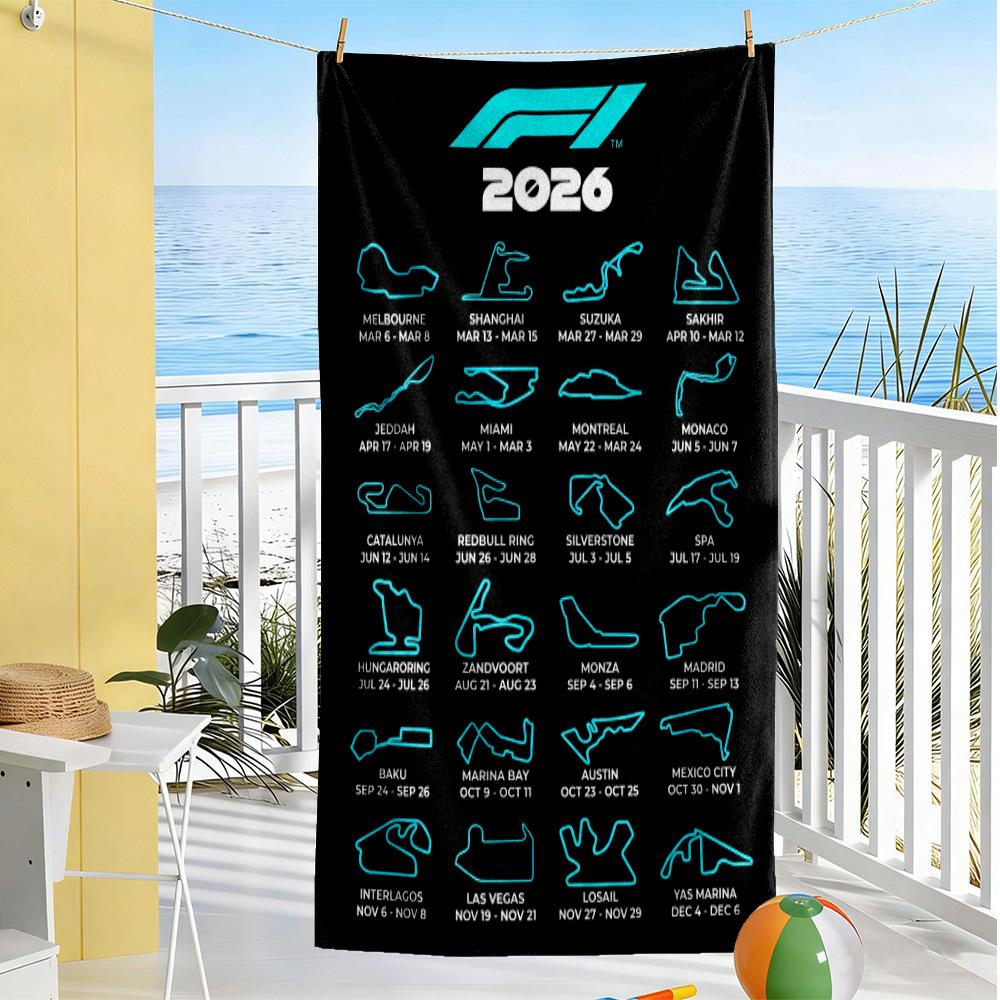 Asciugamano da Spiaggia Calendario Formula 1 2026 Alta Assorbenza & Asciugatura Rapida Comodo Leggero Adatto per Nuoto, Palestra, Campeggio, Yoga Vacanza