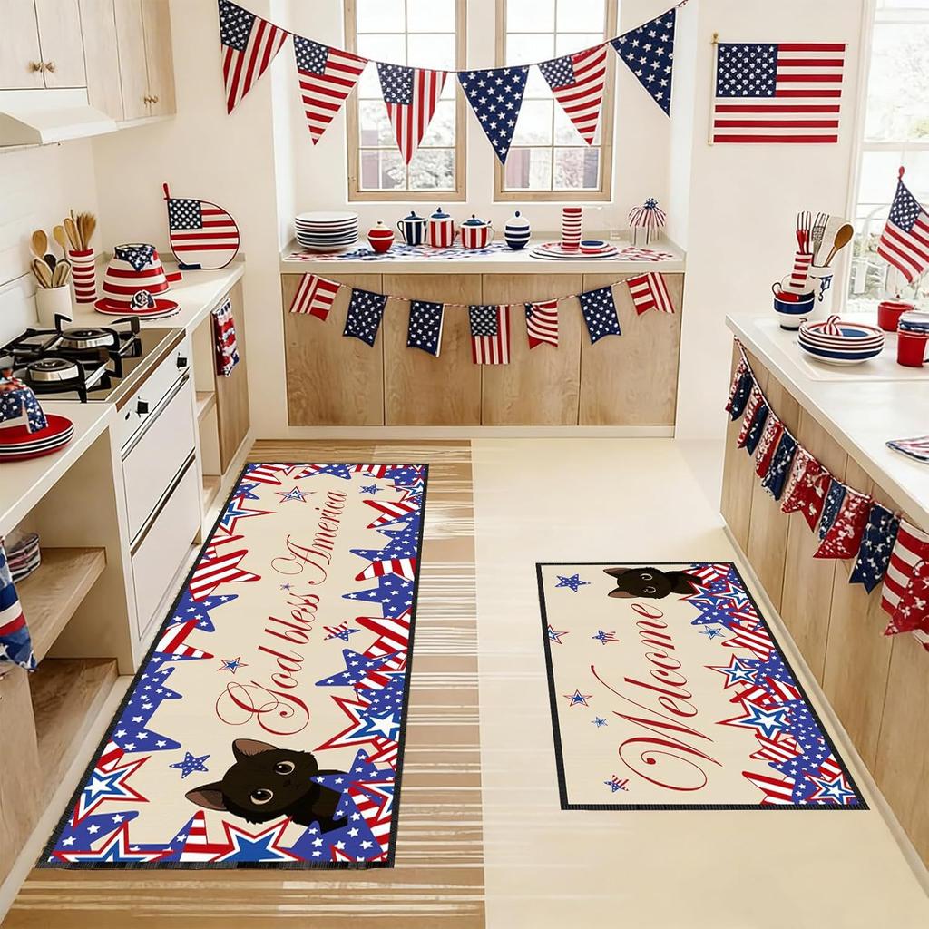 2PC American Patriotic Stars Stripes Kitchen Floor Mat Non Slip Oil Proof Runner Rug Living Room Entryway Decor
